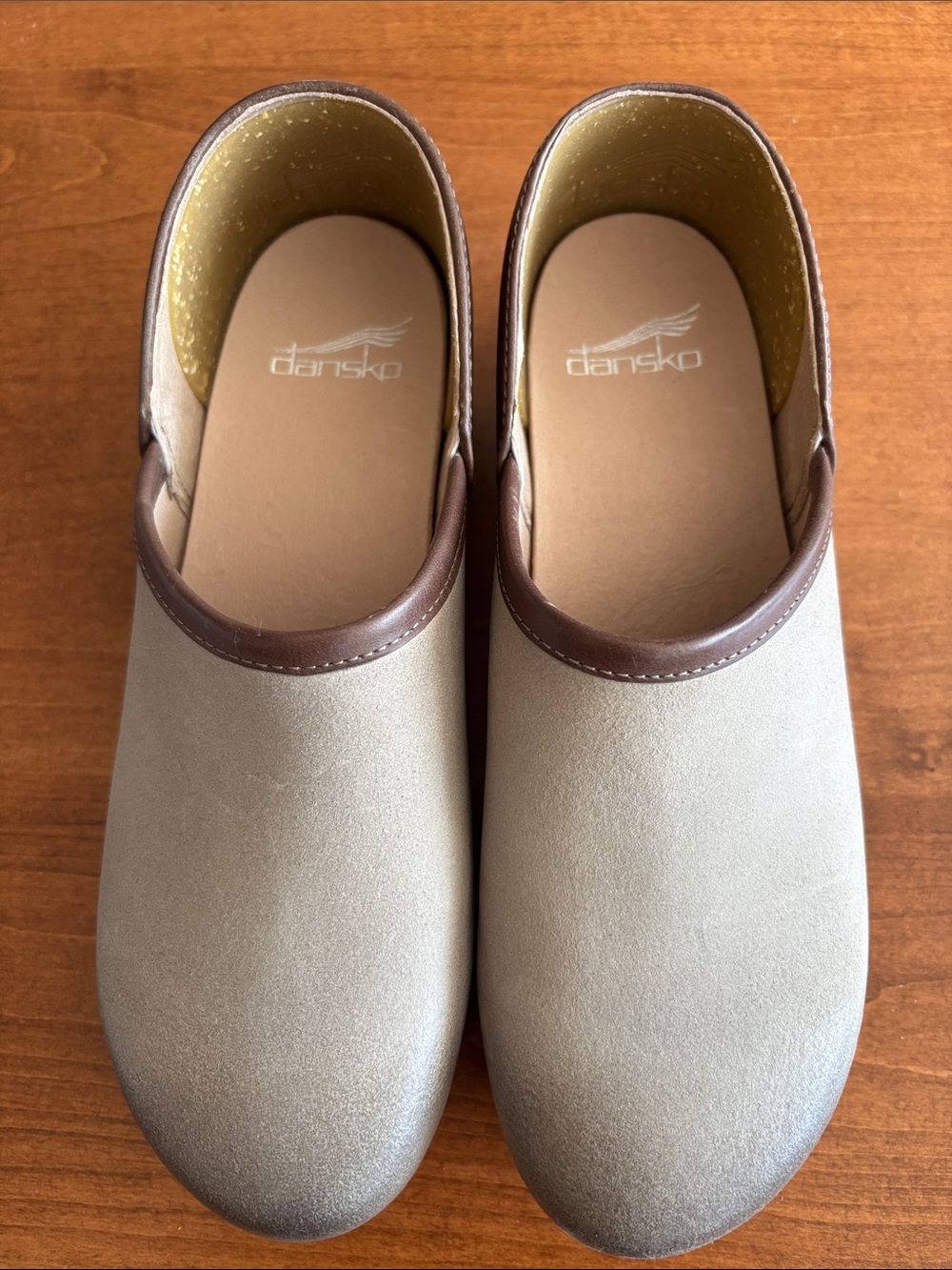 Dansko Women’s Taupe Leather Slip-On Mules with Brown Trim